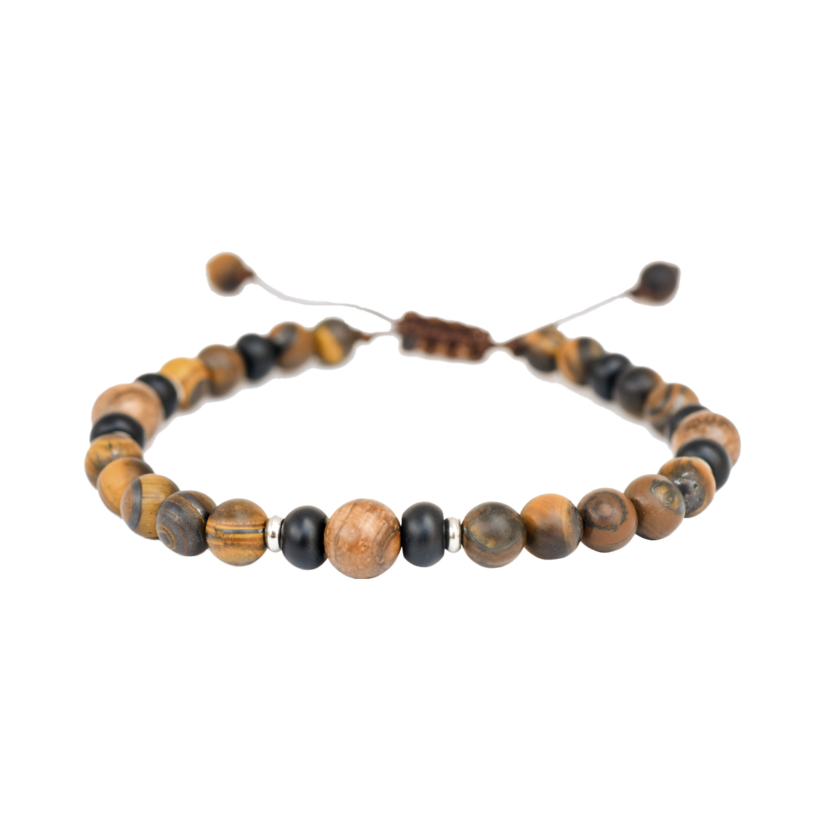 PULSERA MADERA, ÓNIX, OJO DE TIGRE Y HEMATITA