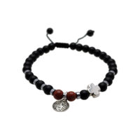 PULSERA ÓNIX MATE, JASPE Y HEMATITA CON DIJE DE SAN BENITO Y CRUZ