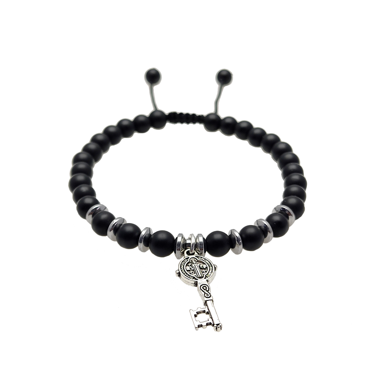 PULSERA ÓNIX MATE, HEMATITA Y DIJE LLAVE SAN BENITO