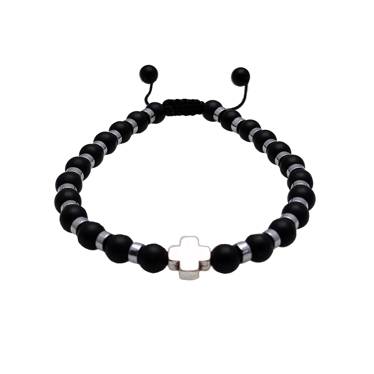 PULSERA ÓNIX MATE Y HEMATITA CON CRUZ METAL