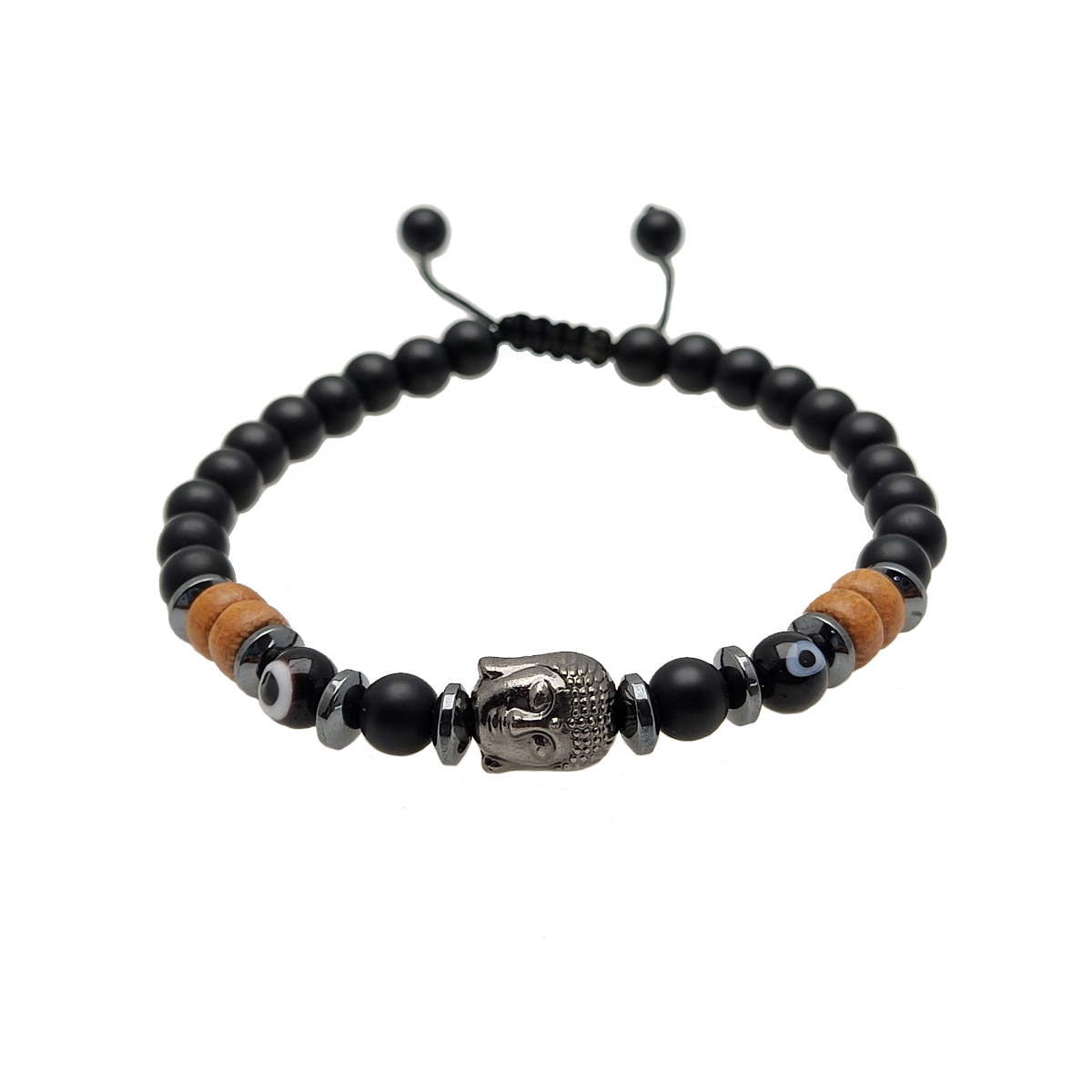 PULSERA DE ONIX, HEMATITA, MADERA Y MURANO CON BUDA