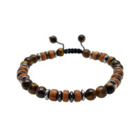 PULSERA DE OJO DE TIGRE, MADERA Y HEMATITA